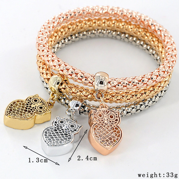 2022New 1set (3pcs) Fashion Hollow Owl Pendant Elasticity Bracelet Popcorn Corn Chain Bracelets 3 Colors Bracelets Women Jewelry Gift