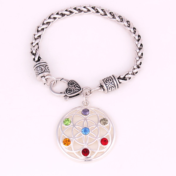 Drop Shipping Length Flower Of Life Seven Chakra Symbol Charm Religious Pendant Buddhist Wheat Link Chain Bracelet