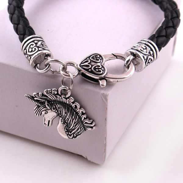Apricot Fu Silver Medieval Celtic Unicorn Charm Pendent Animal Magick Love Amulet Leather Chain Bracelet Jewelry