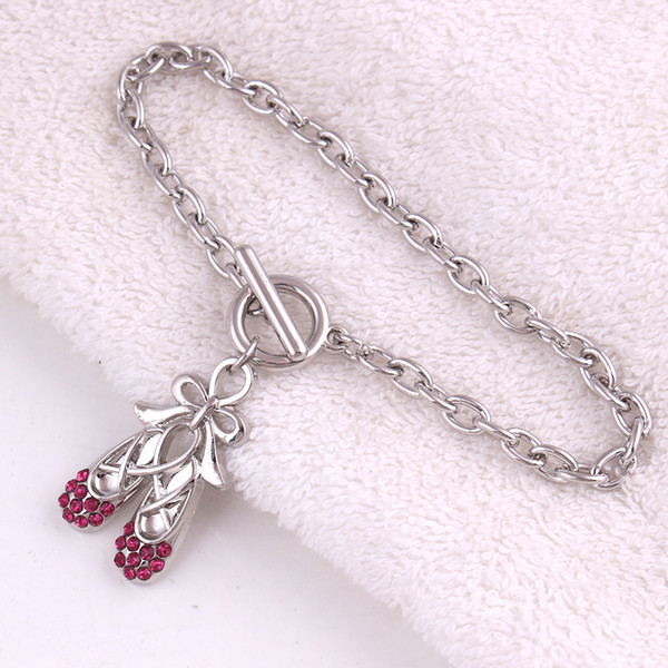 Rhodium Plated With Colorful Crystal Bow Ballet Bowknot Shoes Link Chain OT Bracelet Jewelry