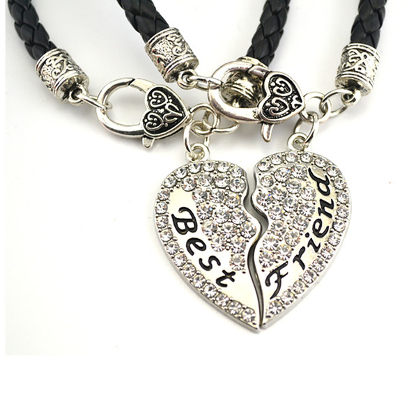 rhodium plated Mother Daughter Best Friend clear Crystal Leather Rope Chain Heart Pendant Lobster Claw Bracelet