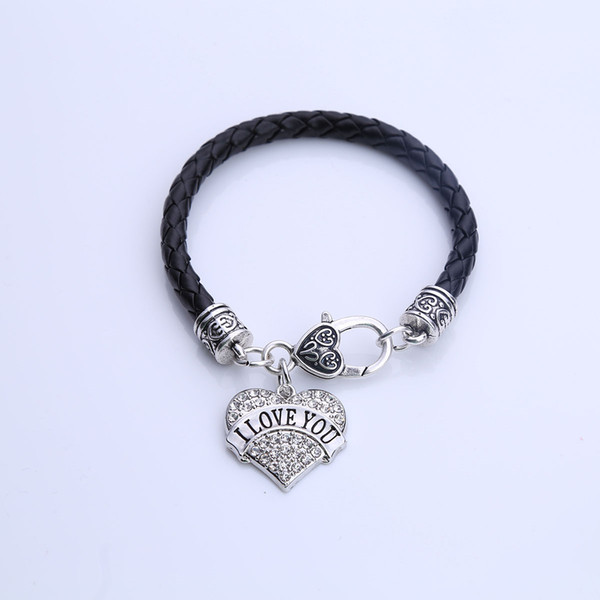 Handmade Clear Crystal Heart Pendant Bracelets Black Leather Chain Engraved Letters I LOVE YOU Hand Bracelet Jewelry