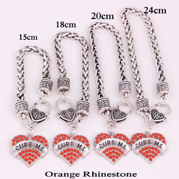 5 Piece A Lot Rhodium Plated With Sparkling Crystals CURE MS Heart Charm Bracelet Wheat Chain