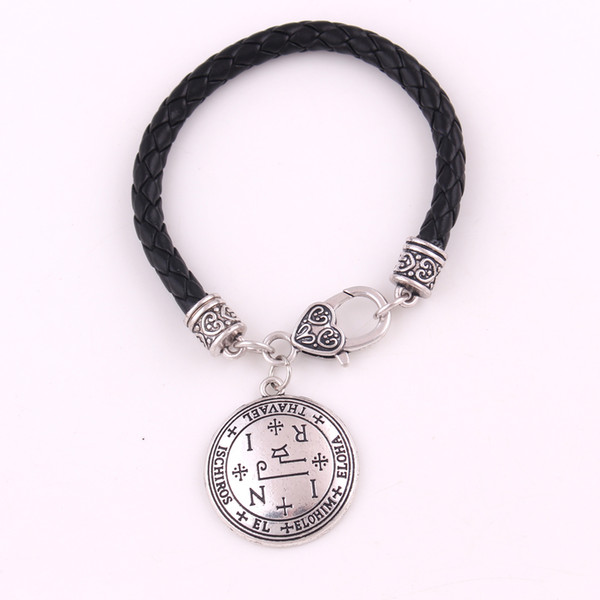 Silver Color Archangel Thavael Talisman Sigil of Thavael Angelic Pendant Bracelet White Leather Chain Virtue and Grace jewelry