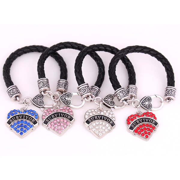 Drop Shipping Rhodium Plated Zinc Studded With Crystals Letter SURVIVOR Heart Pendant Charm Bracelet Jewelry Gift