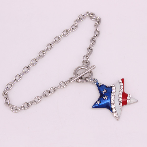 Fashion Hot Selling Rhodium Plated Zinc Studded With Sparkling Crystal American Flag Star Pentagram Pendant Bracelet