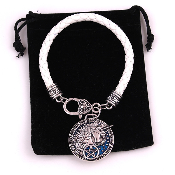 Cool Special Unicorn Pentagram Silver With Blue Enamel Medieval Celtic Unicorn With Stars Leather Chain Bracelet Drop shipping