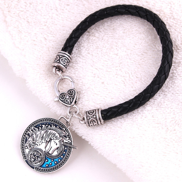 Myth Animal Unicorn Pentagram Talisman With Magic Flower Blue Enamel Leather Chain Bracelet Fashion Design Provide Drop Shipping