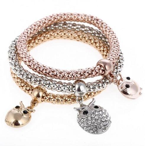 Newest Fashion Arrive 3pcs/set Crystal Owl Corn Chain Bracelets Chain For Women Elastic Jewelry Zinc Alloy