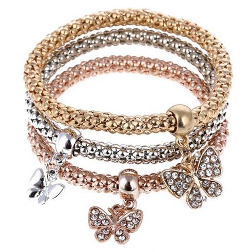 Alloy Tri-color Suit Elastic Stretch Popcorn Corn Simple And Trendy Chain Studded Crystal Butterfly Pendant Bracelet Female Jewelry