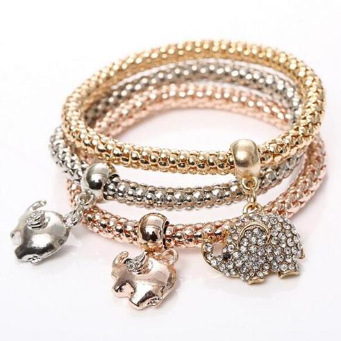 2022New 1set (3pcs) Fashion Crystal Elephant Pendant Bracelet Popcorn Corn Chain Bracelets 3 Colors Bracelets Women Jewelry Gifts