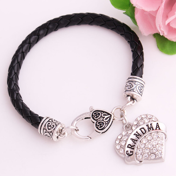 Fashion Letter GRANDMA With Sparkling Clear Crystal Heart Jewelry Charm Pendent Leather Chain Bracelet Jewelry Dropshipping