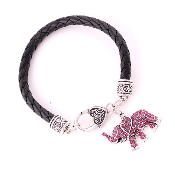 Animal Elephant Pendant Bracelet With Pink Crystals Leather Chain Personality Design Provide Dropshipping