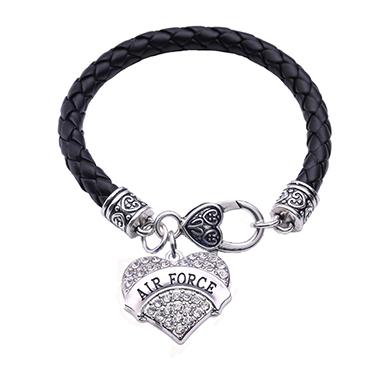 New Arrival Rhodium Plated With Crystals AIR FORCE Heart Pendent Leather Rope Chain Bracelet Lobster-Claw-Clasps Jewelry