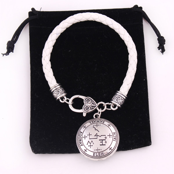 Fashion Silver Color Archangel Samael Talisman Sigil of Samael Angelic Pendant White Leather Chain Bracelet Jewelry