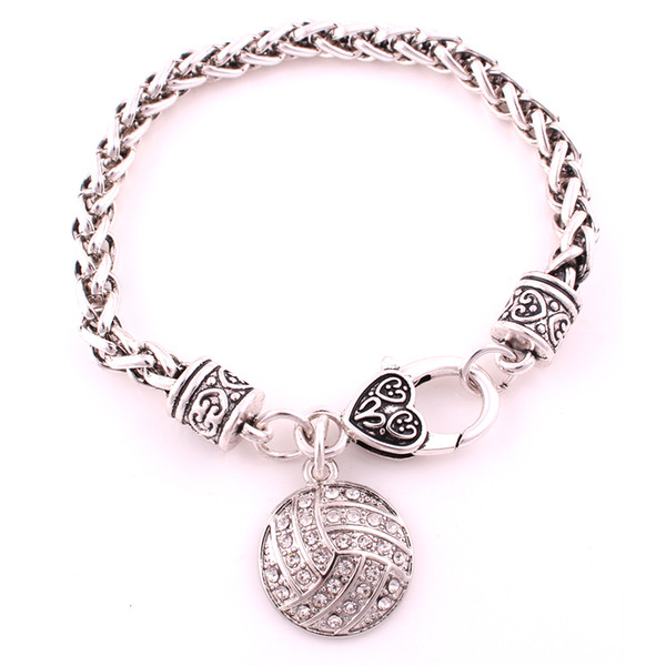 Fashion Silver Plated Alloy Studded With Crystal Ball Volleyball Charm Pendent Sports Style Wheat Chain Bracelet