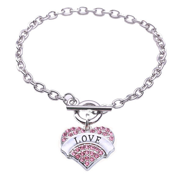 Letter LOVE Rhinestone Crystal Inlaid Heart-Shaped Metal Pendant Wheat Link Chain Bracelet Society Fraternity Jewelry Bangle