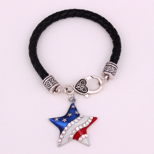 Five-Pointed Star Style America Flag Bracelet For Woman Or Man Leather Rope Link Patriotic Fashion Best Gift Bracelet Jewelry