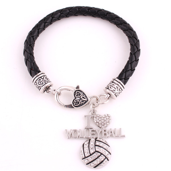 I Love Volleyball Fans Favorite Sports Charm Shining Crystal Lobster Claw Leather Chain Bracelet Sport Jewelry