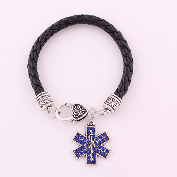 Medic Sign Caduceus Wings And Beautiful Blue Crystals Charm Pendent Leather Chain Bracelet Antique Silver Provide Drop Shipping