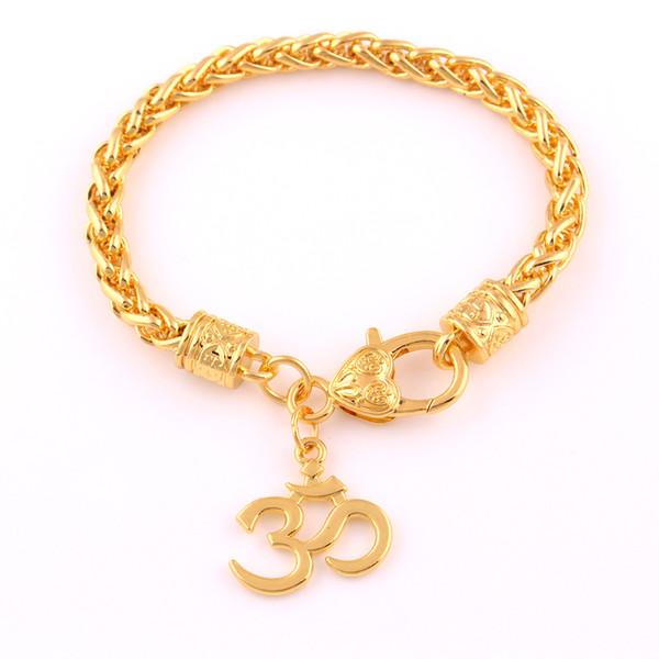 Anniyo India BIG Yoga Pendant OHM Hindu Buddhist AUM OM Hinduism Gold Color Wheat Link Chain Bracelet