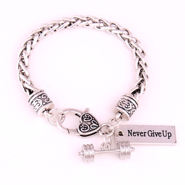 Never Give Up/BELIEVE IN YOURSELF/TRAIN Beyond Pain Fitness Dumbell Barbell Antique Silver Charm Bracelet