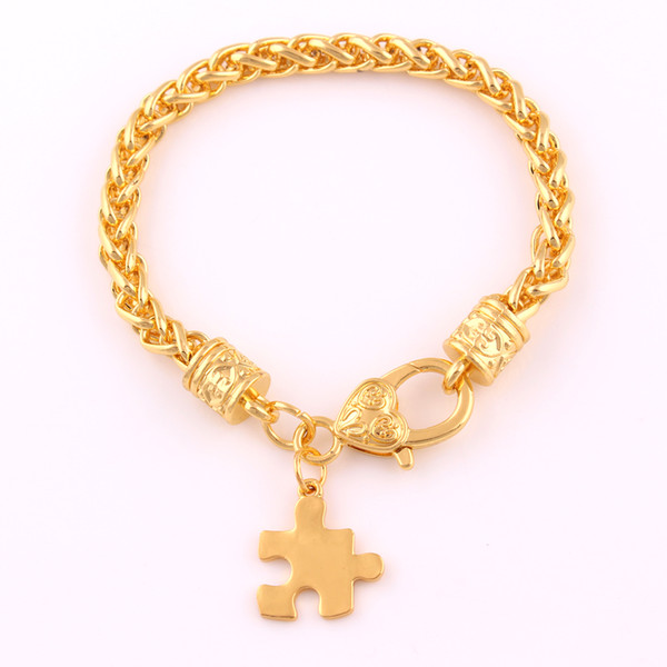 Gold Autism Awareness Holes Jigsaw Puzzle Pendant Antique Gold Plated Charm Autism Hope Wheat Chain Bracelet