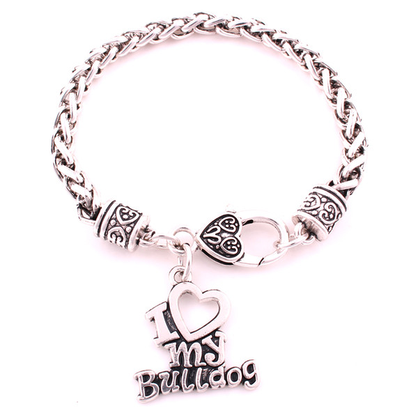 Hot Selling Fashion Antique Sliver Plated I LOVE MY BULLDOG Charm Pendnent Wheat Chain Bracelet Lobster-Claw-Clasps