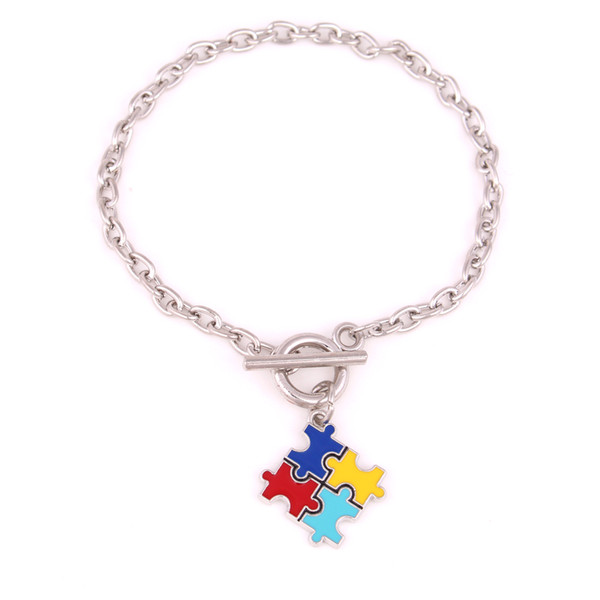 Aprivot Fu Wheat Link Chain Hope Multi Enamel Autism Awareness Puzzle Jigsaw Piece Charm Lobster Claw Bracelet