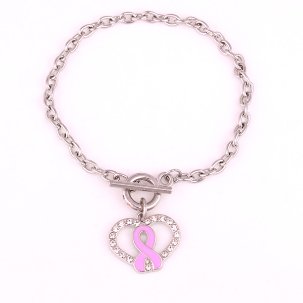 Goodwill ambassador Jewelry Breast Cancer Awareness zinc Pink Enamel Ribbon Bow Crystal Heart pendant Lobster Claw Bracelets