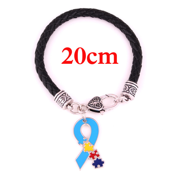 Autism Hope Jewelry Awareness Puzzle Piece Enamel Ribbon Charm Pendent Black White Leather Chain Lobster Claw Bracelets