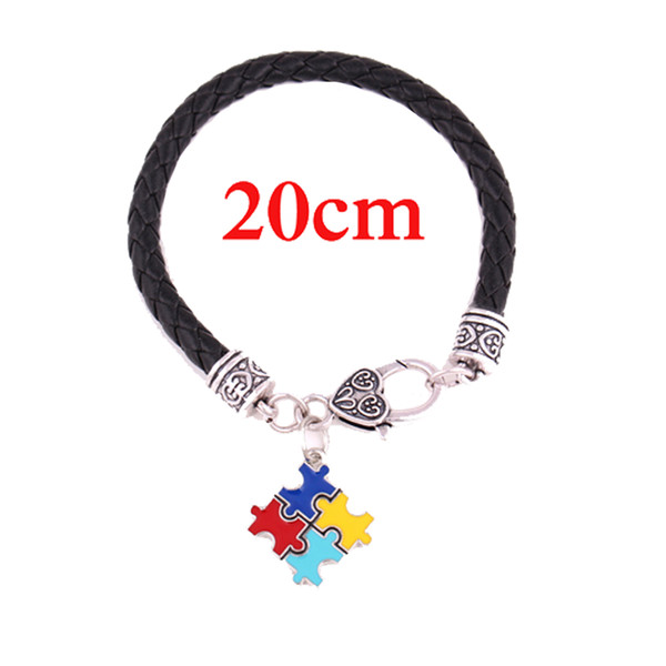 Autism Hope Jewelry Autism Awareness Enamel Puzzle Piece Jigsaw Charm With Pure Black Leather Chain Lobster Claw Bracelet