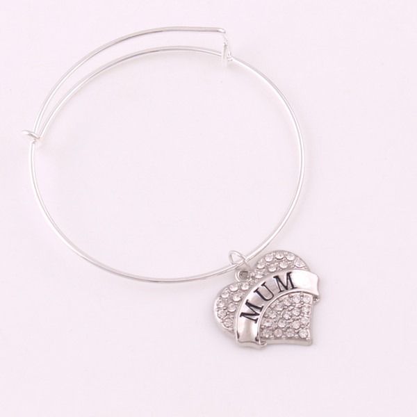 Fashion Type Crystal Heart Shape Engraved Letter Charm MUM HOCKEY TAM CHEER AIR FORCE Letter Adjustable Bangle