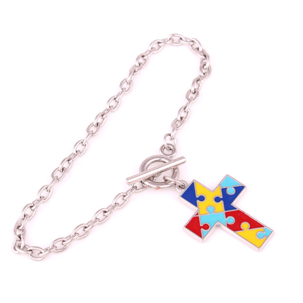 Autism Awareness Puzzle Jigsaw Cross Silver Plated Fashion Square Enamel Charm Wheat Link Chain Bracelet Jewelry