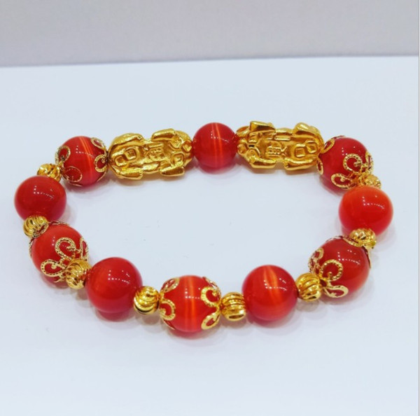 BXZ001 New 24K gold color pixiu jewelry alloy adjustable bracelet charm bangles pixiu new double piyao Red opal natural stone women bracelet