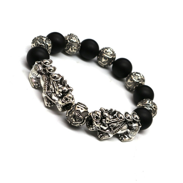 PX009 Double pixiu bracelet 12mm six sons mantra beads charm silver bracelet black frosted stone bracelets men and women couple wholesale