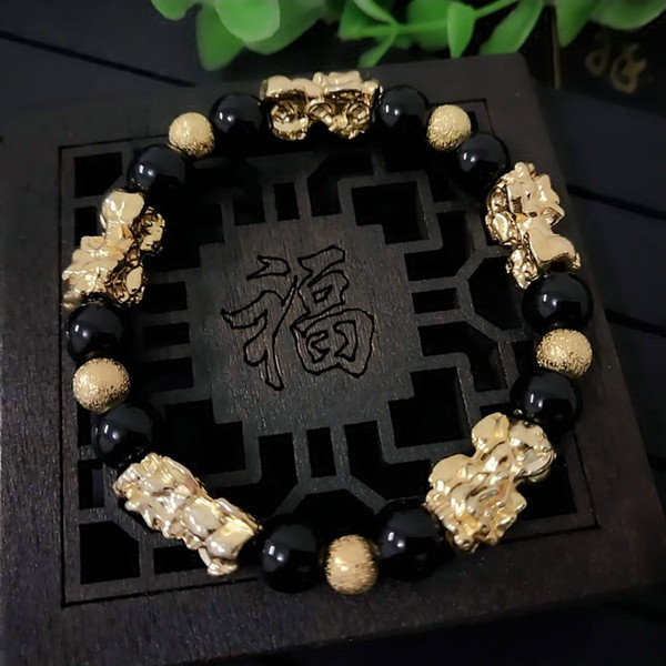 HY004 Fashion new design 24k gold color pixiu bracelet natural stone obsidian animal pixiu bracelet red agate gloss women charm jewelry