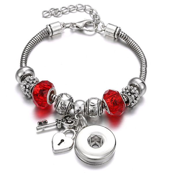 Snap Jewelry Bracelet love heart Silver Lobster Buckle Snake Chain Bangle Crystal Beaded Bracelet Fit 18MM Snap Buttons