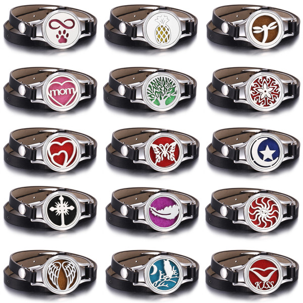 New Aromatherapy Bracelet Black Leather Stainless Steel Essential Oil Diffuser Locket Bracelet Wristbands Aroma Diffuser Jewelry