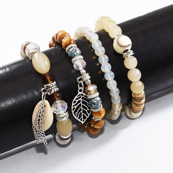 4Pcs/Set Handmade Acrylic Beaded Bracelet with Shell Leaf Pendant Women Bohemian Party Jewelry