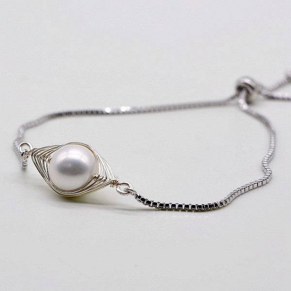 Fashion Silver Bracelet, Hand Made, Girl 925 Silver Bracelet, White Baroque Pearl, Adjustable, Free Shipping