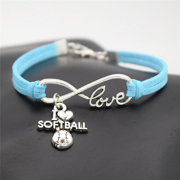 AFSHOR Punk Sport Antique Silver I Love Softball Pendant Charm Leather Suede Bracelet for Women Men Softball Team Gift Infinity Love Jewelry