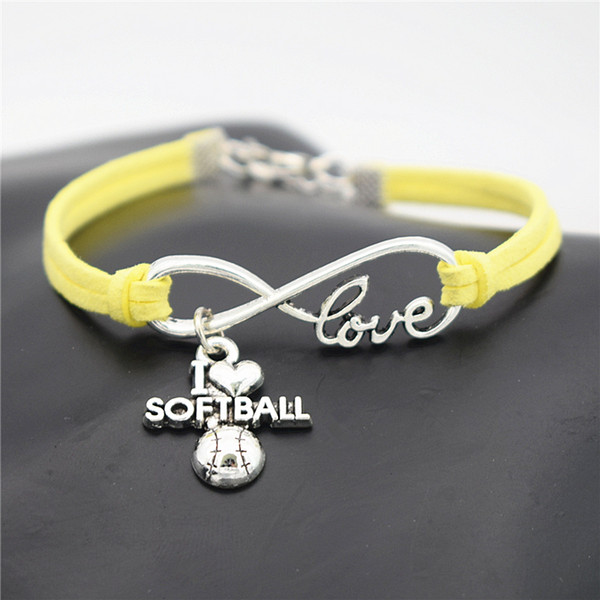 AFSHOR Punk Sport Antique Silver I Love Softball Pendant Charm Leather Bracelets for Women Men Softball Team Gift Infinity Love Jewelry