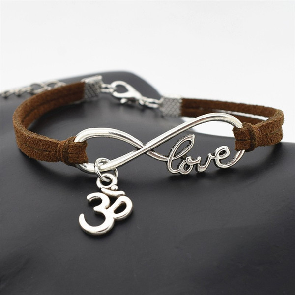 AFSHOR 2018 Personality Jewelry Hindu Tibetan Silver Infinity Love Buddhist 3D Ohm Aum Yoga OM Symbol Charms Leather Bracelet for Women Men