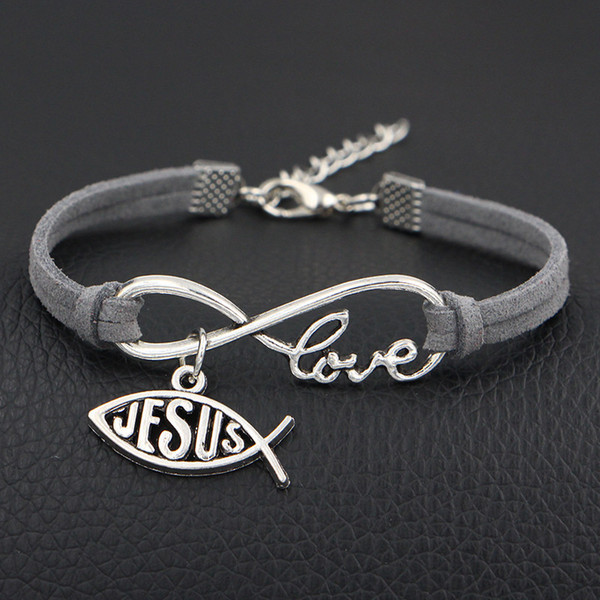 AFSHOR 2018 New Arrival Charms Jewelry Antique Silver Jesus Fish Pendants Infinity Love Gray Leather Suede Bracelets Bangles Men Women Gift