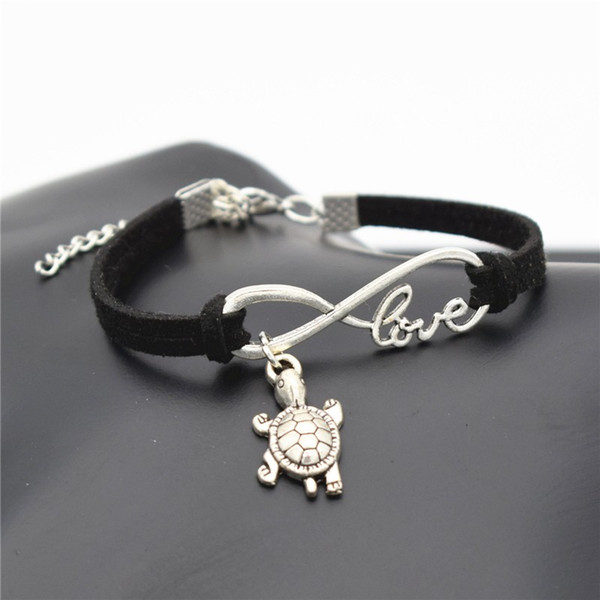 AFSHOR Chic 2018 Beach Lovely Animals Jewelry Small Tortoise Cute Silver Sea Turtle Charms Love Infinity Leather Unique Men Bracelet Bangles