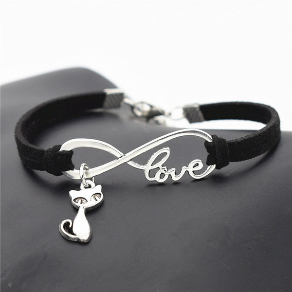 AFSHOR New Fashion Antique Silver Cute Animal Cat Charms Small Fox Pendant Infinity Love Leather Bracelet Bangle Lovely Jewelry Unique Gifts