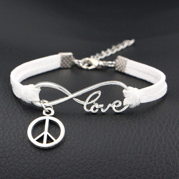 Hot New Handmade Wristband Braided Wax Cords Loving Infinity Love Peace Sign Pendant White Leather Charms bracelet Bangles women men Jewelry