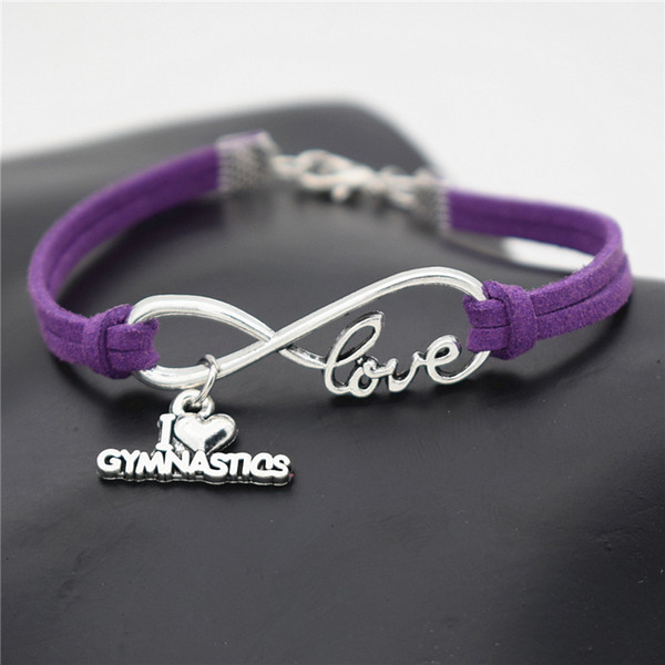 Infinity I Love Gymnastics Charm Bracelet Bangles for Women Men Children Lucky Purple Leather String Friendship Wish Jewelry Gift Adjustable