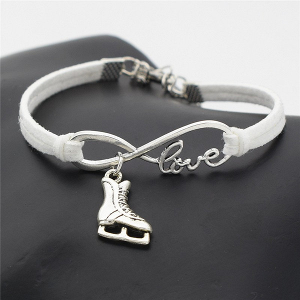 AFSHOR New Casual Simple Antique Silver Love Infinity Ice Figure Skating Boots Shoes Charm Pendant Leather Bracelet Best Gift for Women Men